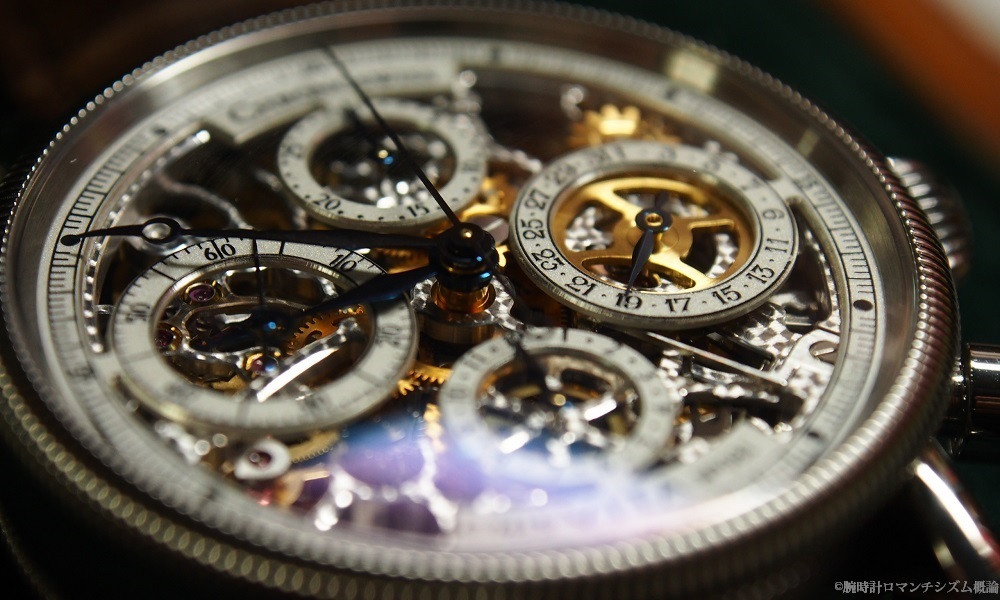 ”クロノスイス（CHRONOSWISS）のヴィータ。クロノグラフ。文字盤がスケルトンの機械式時計。ドイツ製の腕時計”