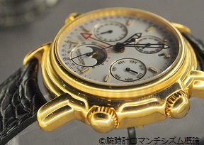”金無垢の腕時計。コンプリケーションウォッチ。ムーンフェイズ、クロノグラフを搭載。黒い革ベルト”